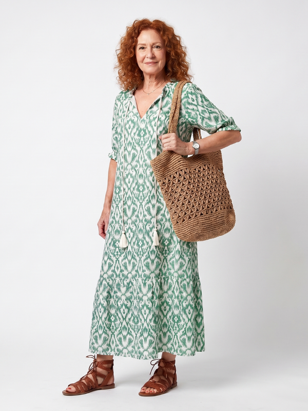 Robe Midi Fluide à Nouer Col V Imprimée Vert
