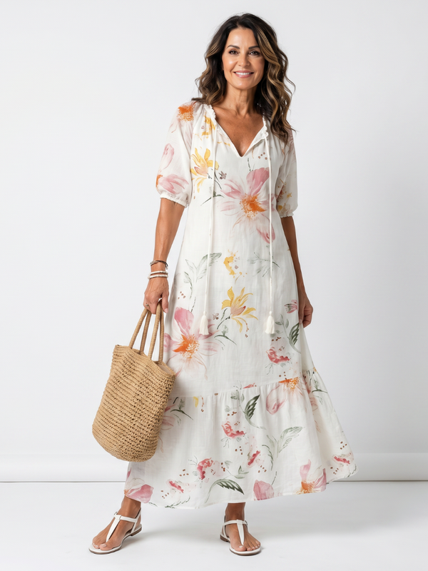 Robe Midi Fluide Imprimé Floral avec Détails Pompons