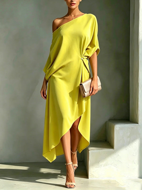 Robe Midi Femme Asymétrique Épaulée - Design Fluide et Sophistiqué