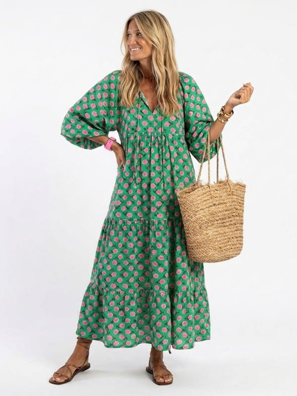 Fiora | Vestido Midi Fluido com Estampado Floral e Decote em V