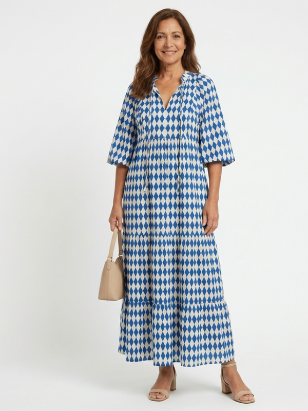 Elodie | Robe Midi Imprimé Géométrique Bleu Ciel
