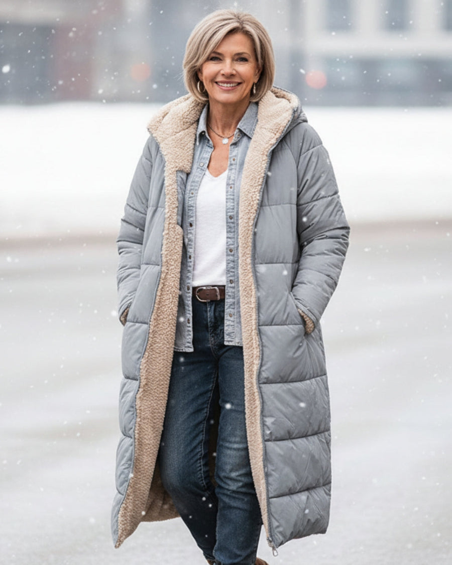 Manteau Long Matelassé à Capuche Bordée