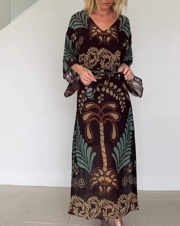 Robe Maxi Bohème Femme Col V Imprimé Botanical Coupe Ample Élégante