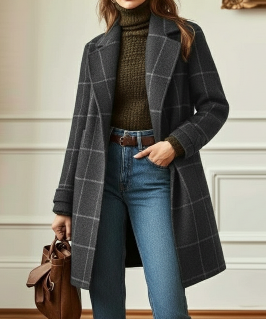 Manteau Long Croisé à Carreaux Verts