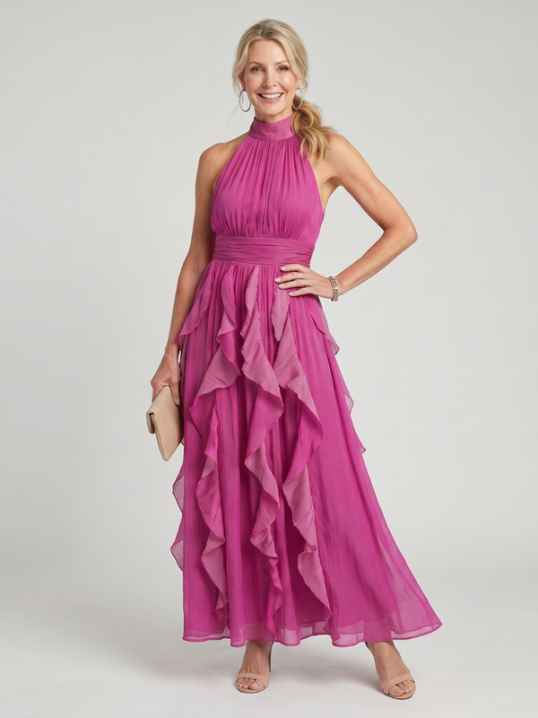 Robe Maxi Elegante Femme - Col Halter et Volants Étagés
