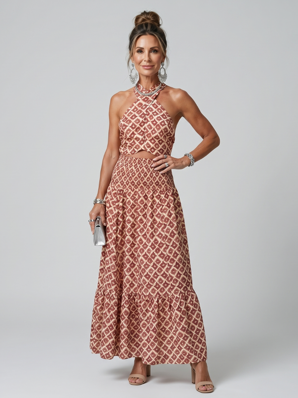 Robe midi Amira - Col croisé et imprimé géométrique