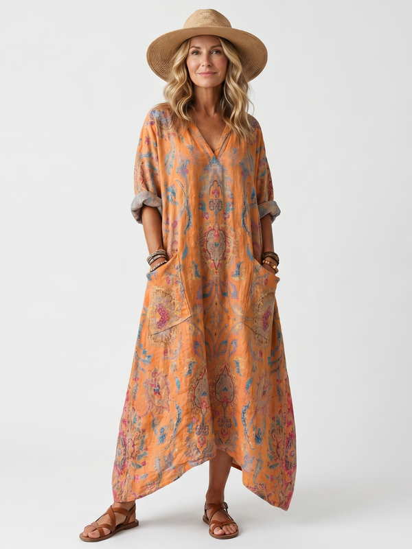 Remi | Robe Midi Fluide Encolure Crantée Poches Larges