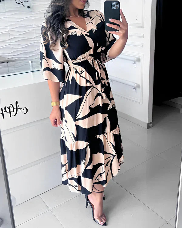 Robe Fluide Col V Ajustable - Imprimé Abstrait Femme