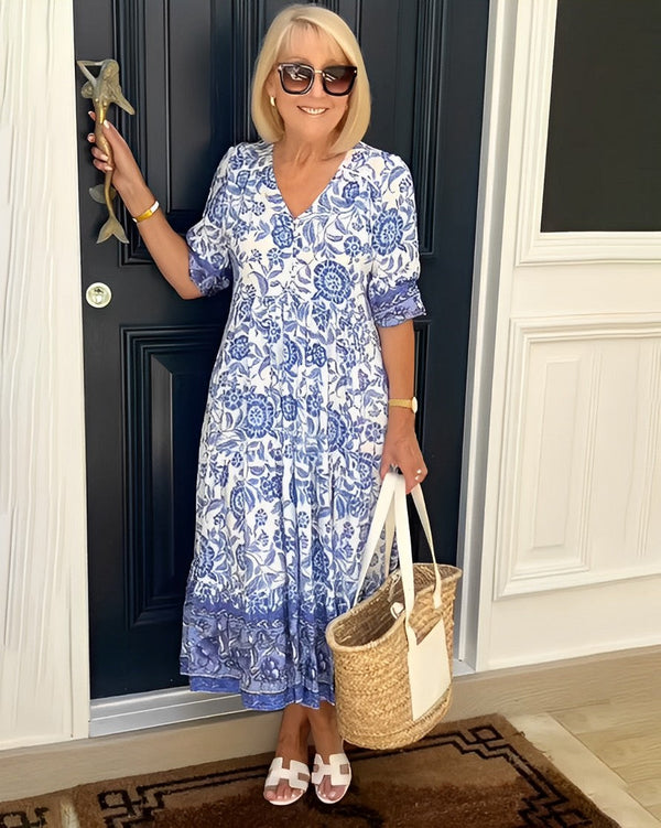 Robe Longue Fleurie Encolure V - Élégance Intemporelle