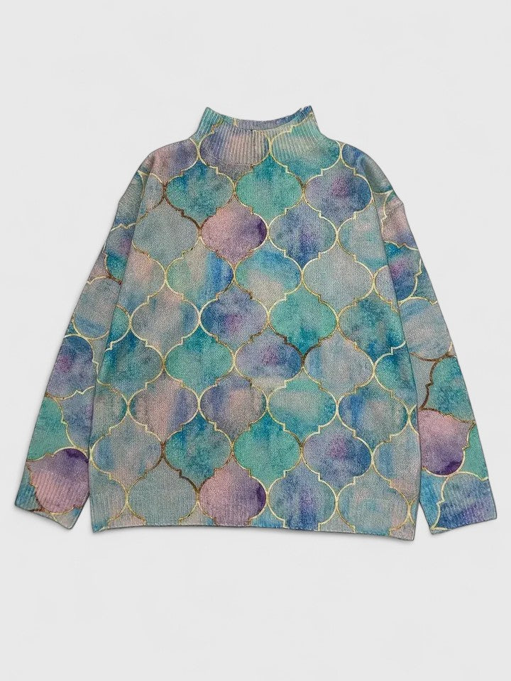 Pull Col Montant Teintes Pastel Motif Doré