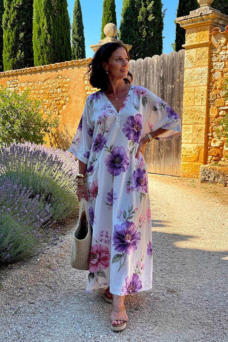 Caftan Ophélie Floral Blanc Coupe Ample — XL — Estée Paris