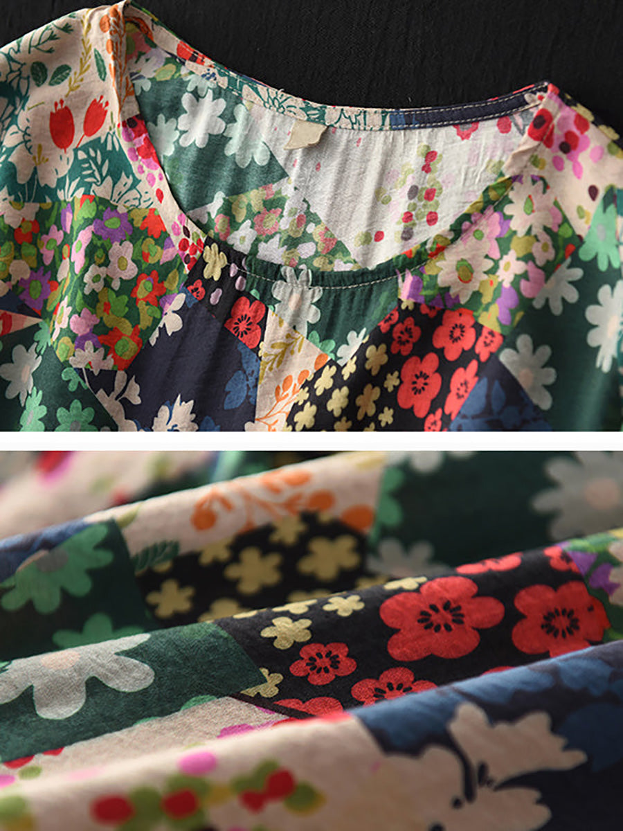 Robe Midi Fleurie Patchwork — vue complète en buste soulignant la coupe décontractée