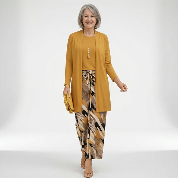 Ensemble 3 Pièces Fluide - Cardigan, Top et Pantalon Motifs Abstraits
