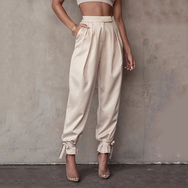 Pantalon décontracté pour femme avec jambe large et noeud