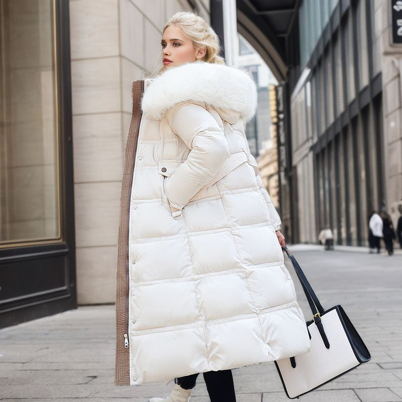 Manteau Long Matelassé à Capuche Bordée Fourrure