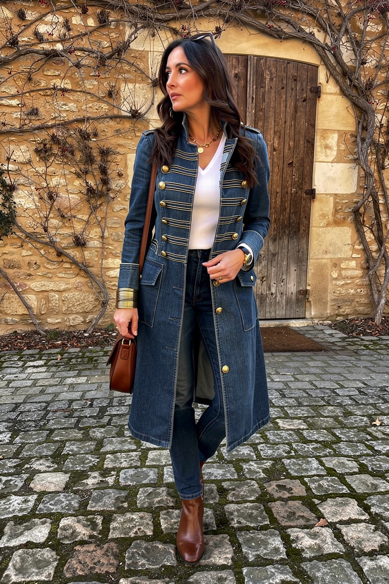 Manteau Long Ajusté Militaire Boutonnage Doré pour Femme — 2XL — Esteé Paris