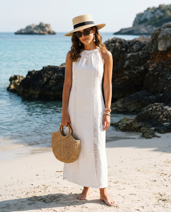 Vestido midi elegante con escote drapeado y detalles de encaje