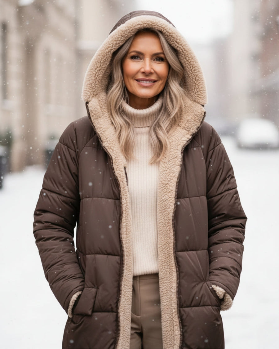 Manteau Long Matelassé à Capuche Bordée