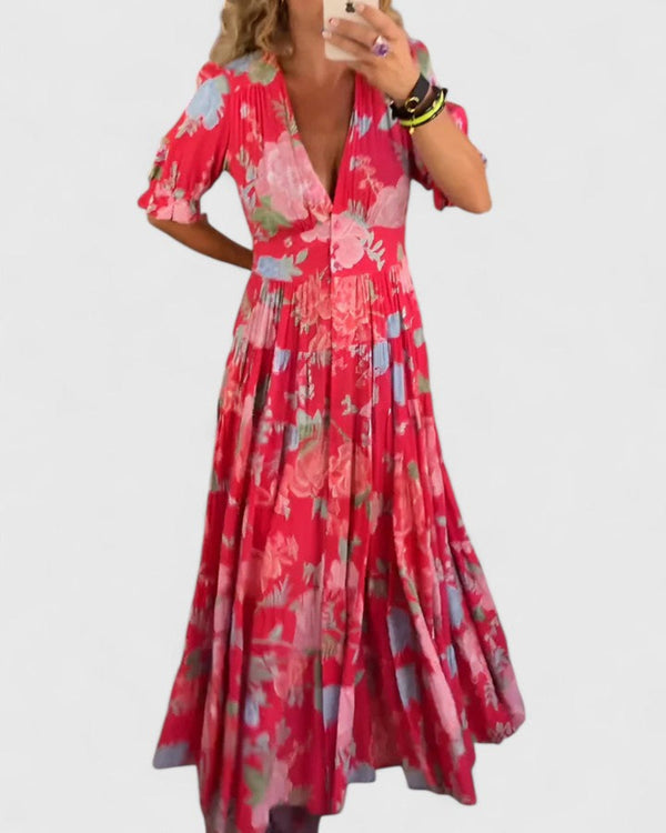 Robe Trapèze Imprimé Floral - Encolure V Élégante