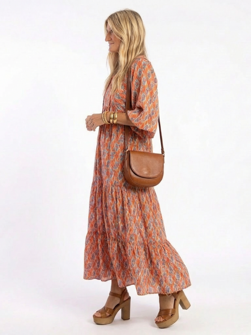 Robe midi fluide géométrique — détail de l'imprimé géométrique distinctif