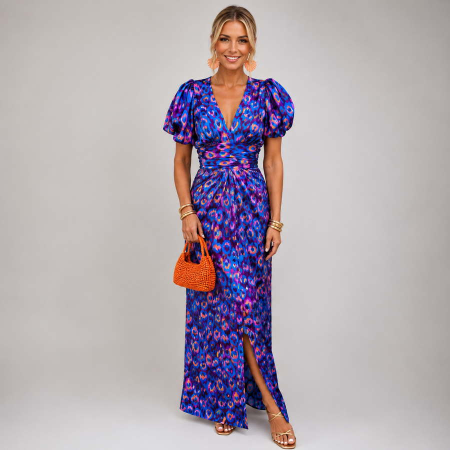 Robe Valentine imprimée — vue de face, manches bouffantes plissées et décolleté V croisé