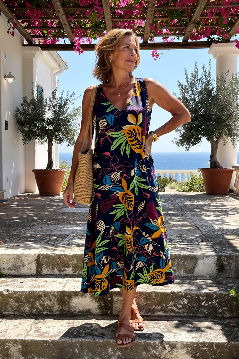 Robe Maxi Fluide à Motifs Tropicaux — Bleu — Estée Paris