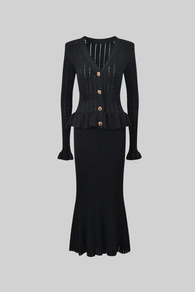 Prudence – Ensemble composé d'une robe midi en maille raffinée et d'un haut boutonné