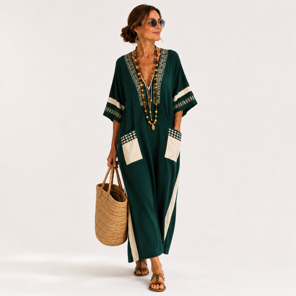 Caftan Boémio Verde com Padrões Étnicos