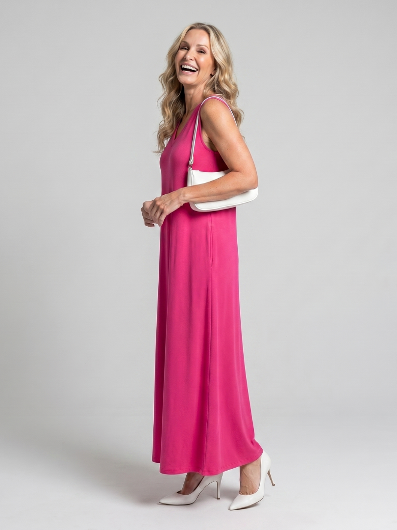 Robe Midi Tropical — vue de profil, longueur midi fluide