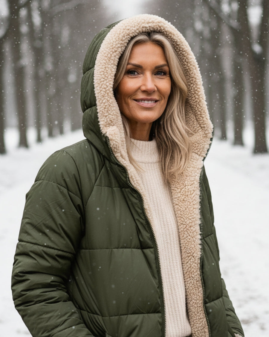 Manteau Long Matelassé à Capuche Bordée