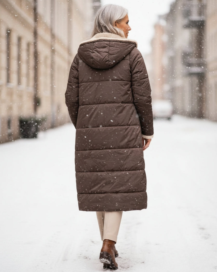 Manteau Long Matelassé à Capuche Bordée