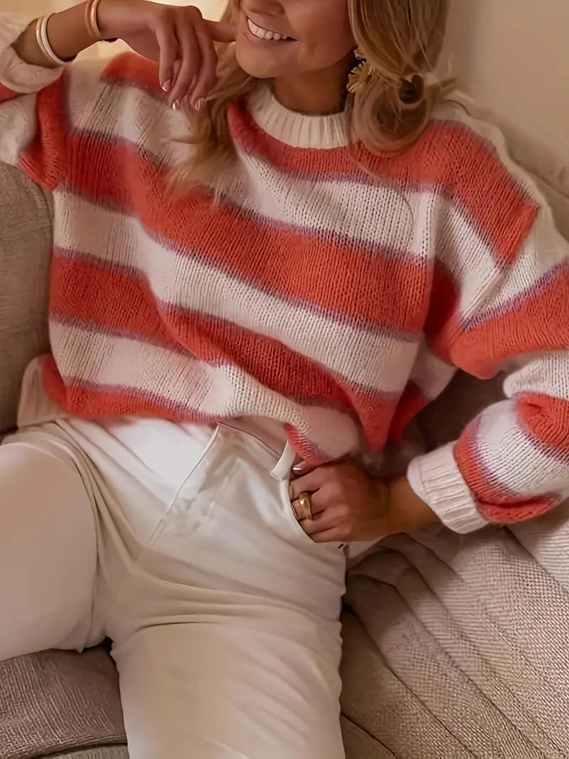 Pull Rayé Rose et Crème Col Rond