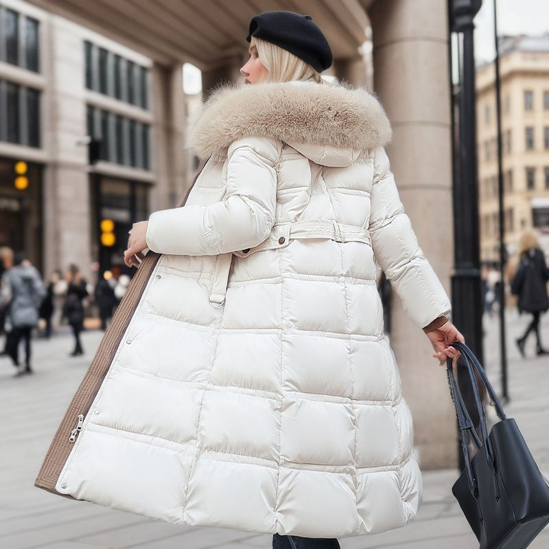 Manteau Long Matelassé à Capuche Bordée Fourrure