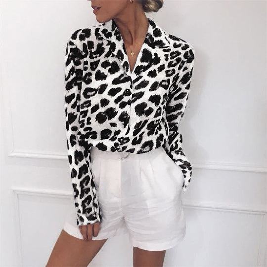 Kassie - Classy blouse à manches longues imprimé léopard Turn Down Col