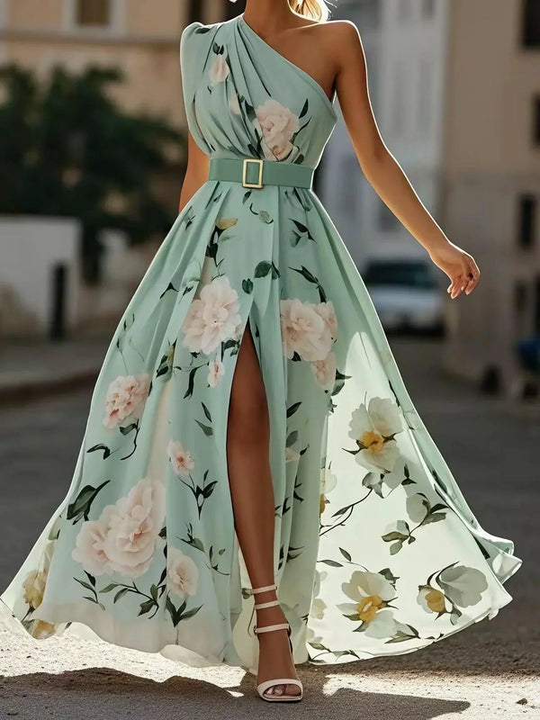 Robe Maxi Chiffon Floral Vert Clair - Épaules Dégagées