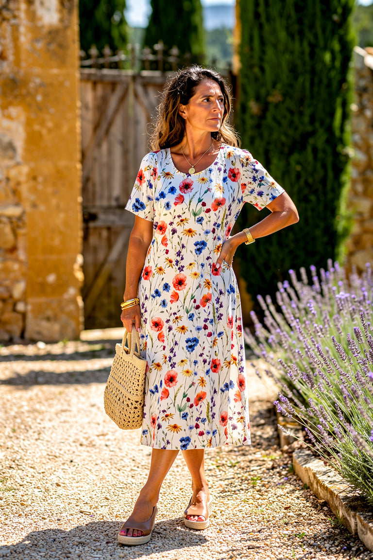 Georgina | Robe Midi Fluide et Affinante — Motif Rouge — Estée Paris