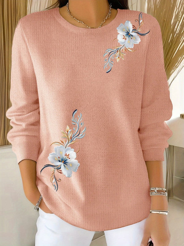 Camisola de Gola Redonda com Bordados Florais Brancos