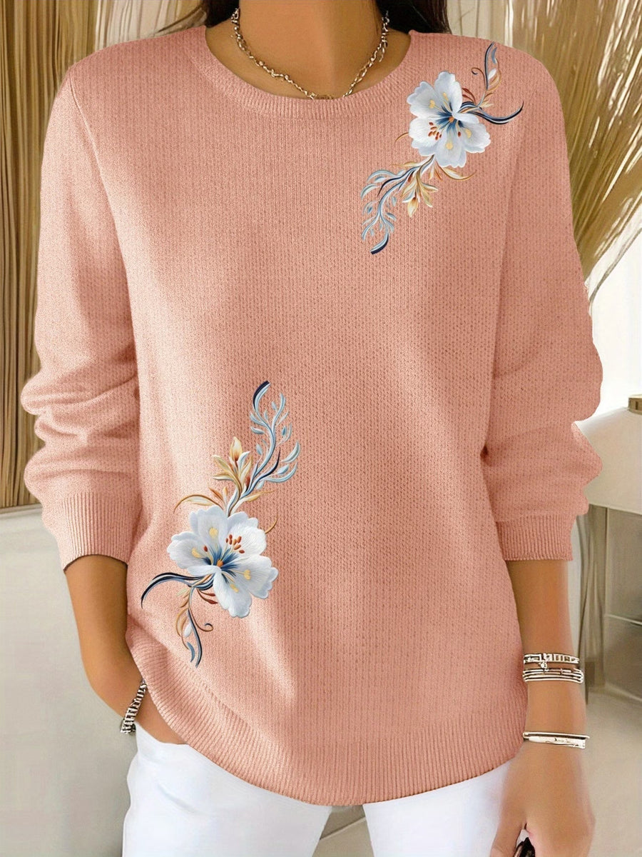 Pull col rond broderies florales blanches — vue de face en buste