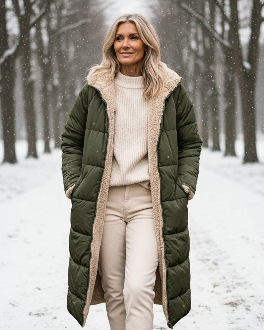 Manteau Long Matelassé à Capuche Bordée