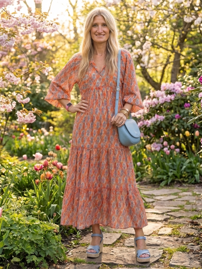 Robe midi fluide géométrique — détail de la jupe à volants