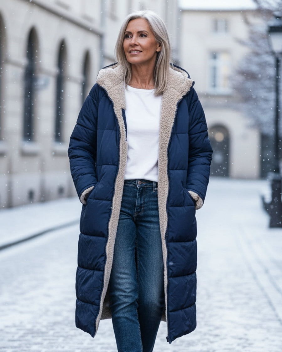 Manteau Long Matelassé à Capuche Bordée