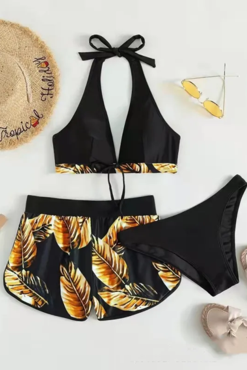 Ava | Ensemble bikini 3 pièces à imprimé feuilles pour femme