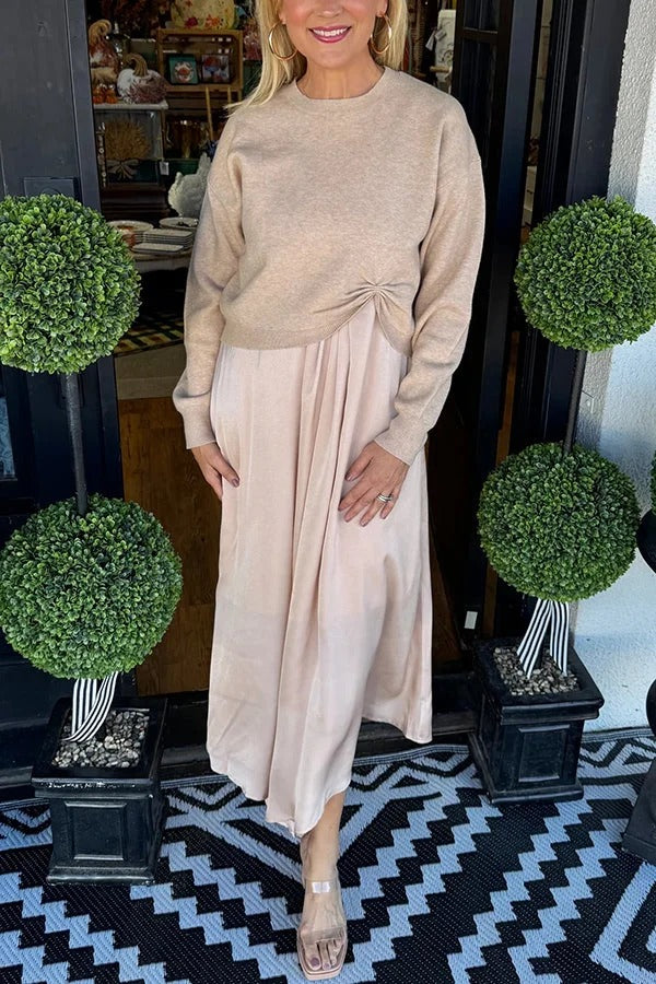 Ensemble Deux-Pièces : Pull Maille Froncé et Robe Midi Tank Satiné Stretch