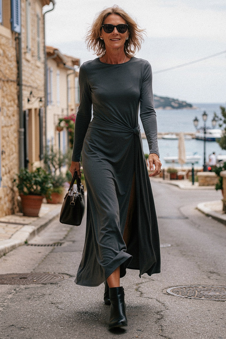 Alba - Robe Longue Nœud Latéral Femme — Gris — Estée Paris