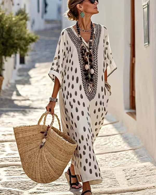 Robe Maxi Kaftan Femme Imprimé Pois Col V Broderie Ethnique