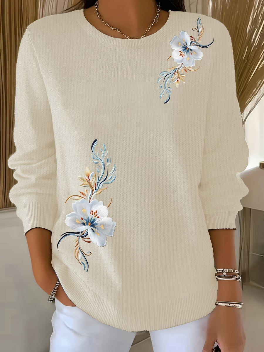 Pull col rond broderies florales blanches — vue de dos et tombé du vêtement