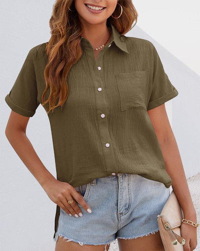 Lena - Blouse unie avec fermeture à boutons et manches courtes