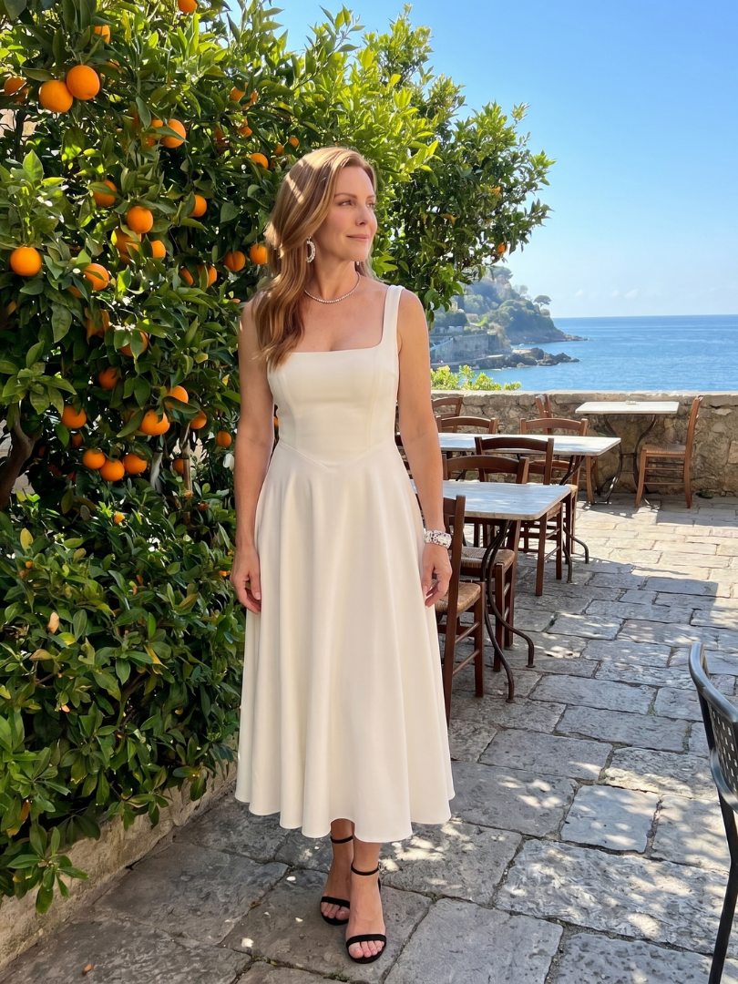Robe Midi encolure carrée — vue en buste détail bretelles