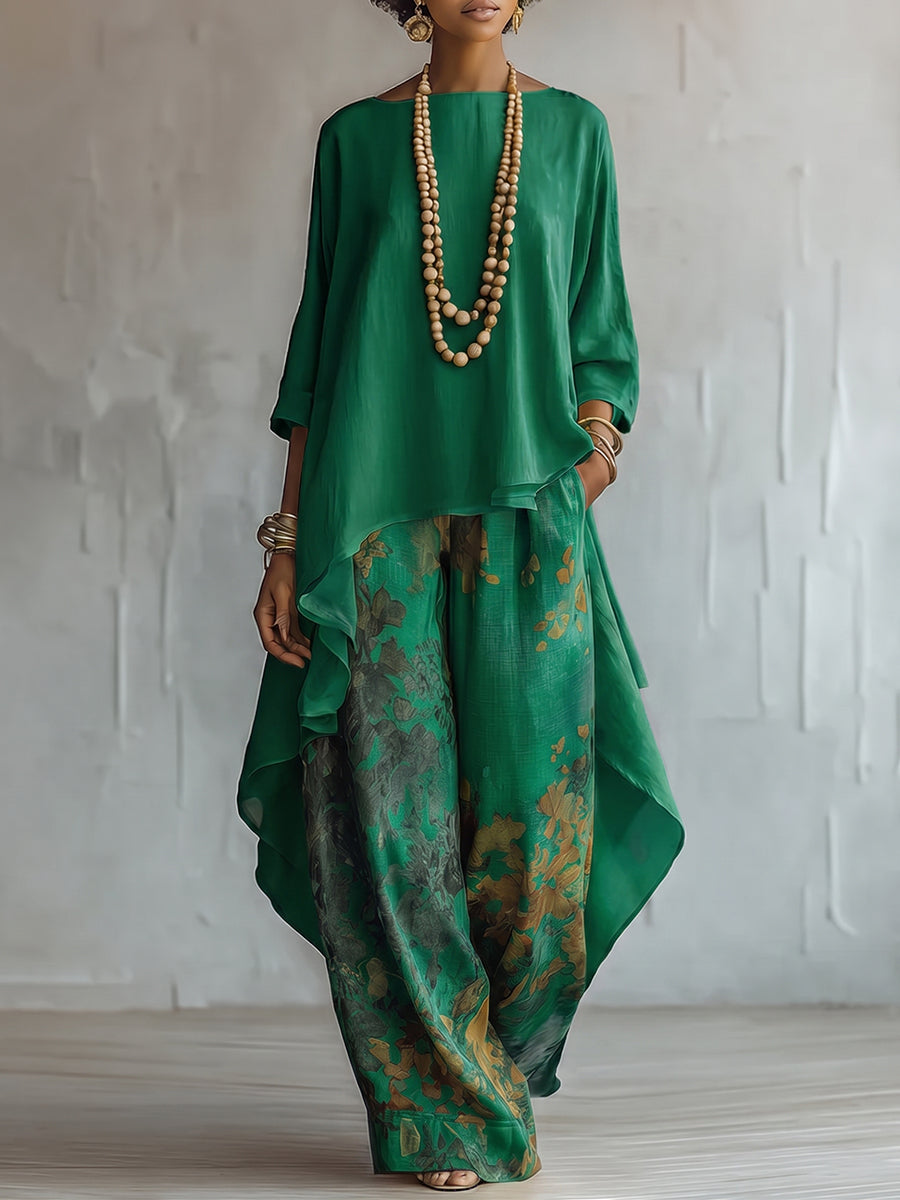 Ensemble Colombe — détail de la tunique asymétrique et du pantalon, vue latérale