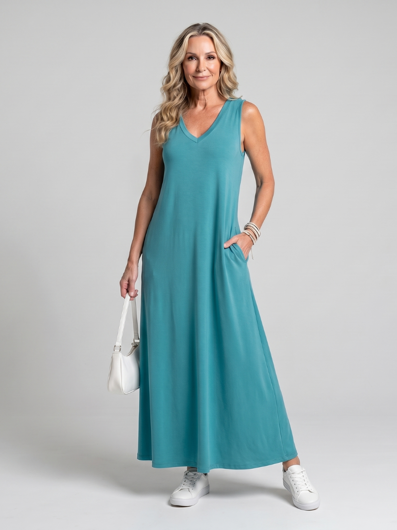 Robe Midi Tropical — vue de dos, sans manches très féminine